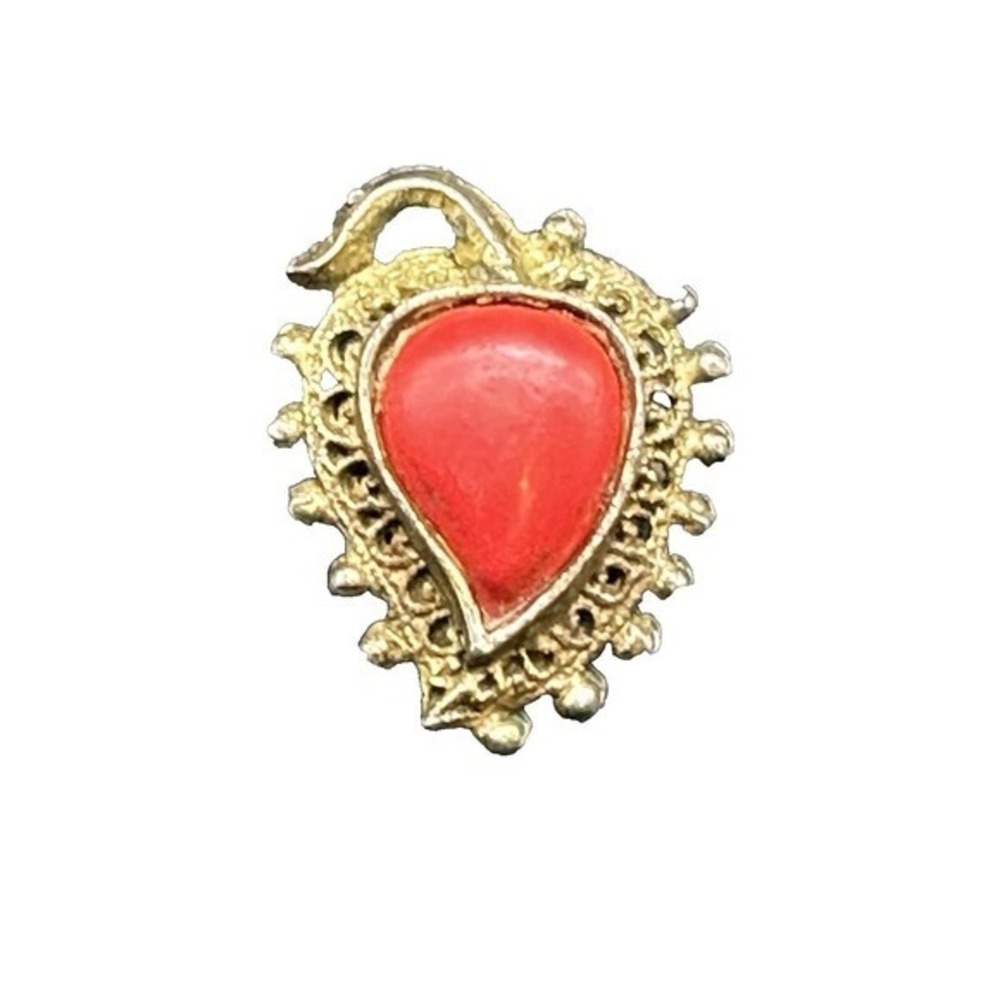 VINTAGE BRONZE Teardrop Fruit Clip Pin RED‎ STONE Coral